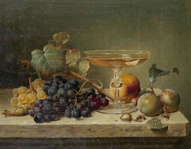 Johann Wilhelm Preyer nuts and a glass on a marble ledge